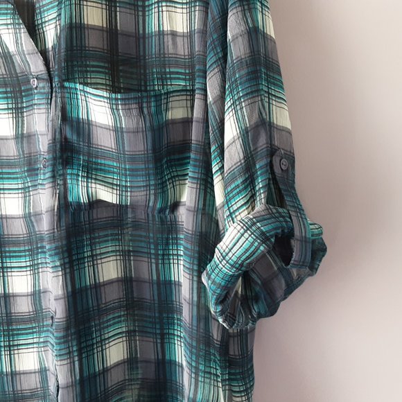 🌞 Band of Gypsies Plaid Blouse, Roll Sleeve, M - Picture 4 of 13